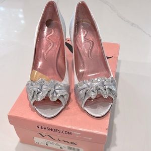 Nina Silver Peep Toe Heels